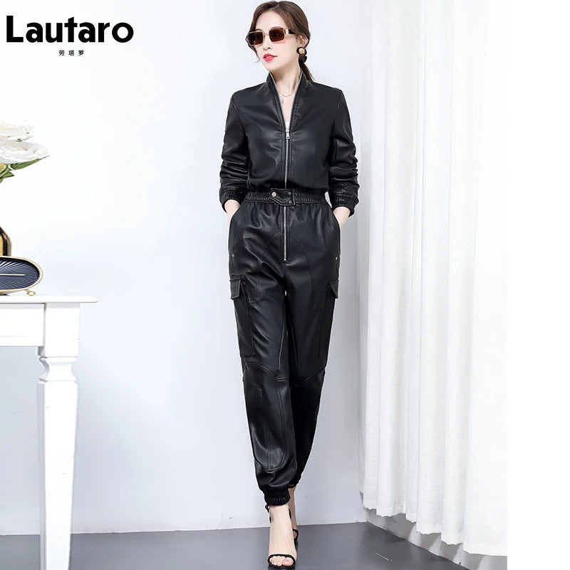 Lautaro Spring Long Black Soft Faux Leather Jumpsuit Women Long Sleeve Zipper Jumpsuits for Women Womens Fall Fashion 2021