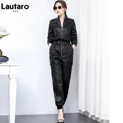 Lautaro Spring Long Black Soft Faux Leather Jumpsuit Women Long Sleeve Zipper Jumpsuits for Women Womens Fall Fashion 2021