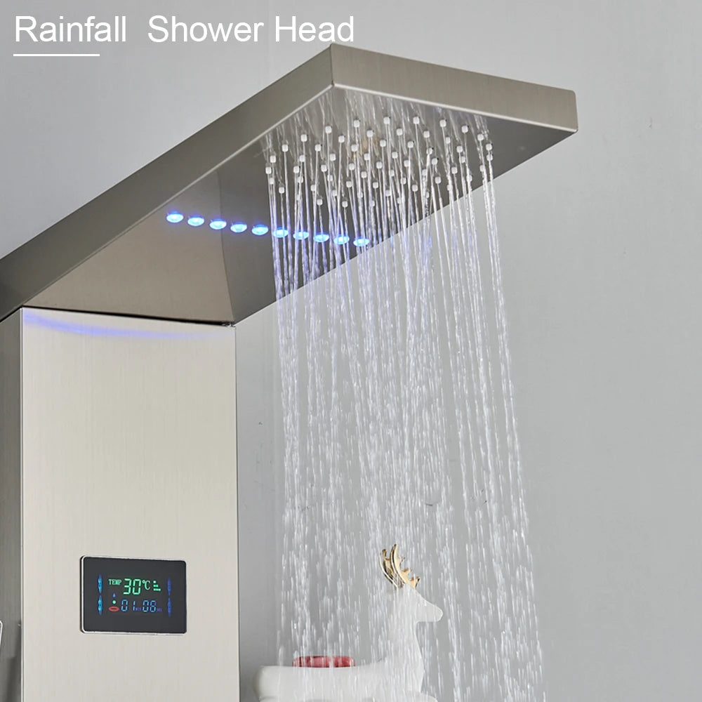LED Light Shower Panel Waterfall Rain Digital Display Shower Faucet Set SPA Massage Jet Bathroom Column Mixer Tap Tower System