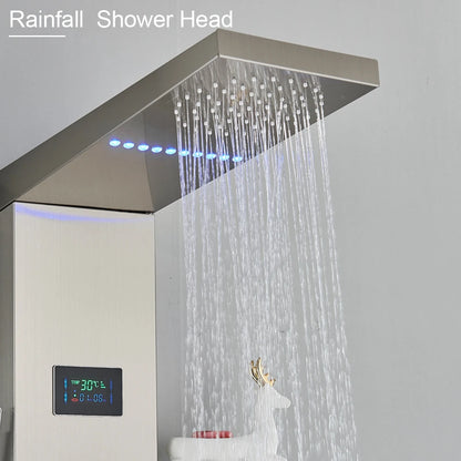 LED Light Shower Panel Waterfall Rain Digital Display Shower Faucet Set SPA Massage Jet Bathroom Column Mixer Tap Tower System