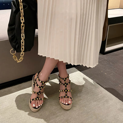 Rivet Wedges Women Sandals Open Toe Ankle Buckle Strap Ladies Platform Wedges Sandals High Heels Roman Rattan Grass Woven Shoes