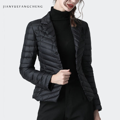Fashion Suit Collar Women Winter Down Jacket Elegant Slim Warm Lightly Puffer Coat Outwear Plus Size 3 Buttons Duck Down Jackets