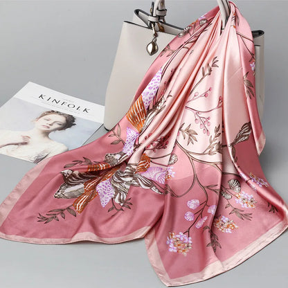 Wholesale Fashion Floral Print Kerchief Silk Satin Shawls and Wraps Hijab Scarfs Female 90cm*90cm Square Bag Scarves For Ladies