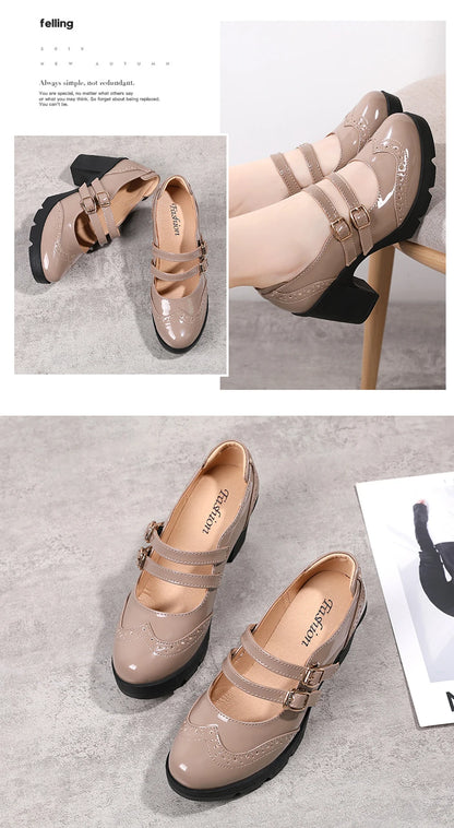 EOFK Women Pumps Shoes Genuine Leather New Mary Jane High Heels Shinny Patent Woman Ladies Shoes Pumps Brogue High Square Heel