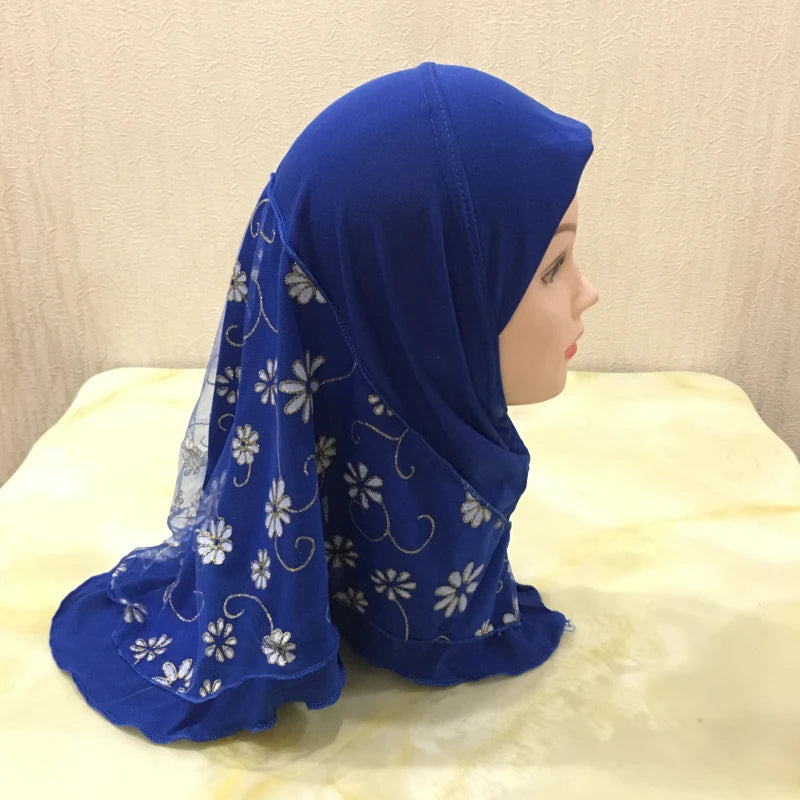 H043 beautiful small girl hijab with flower net cute hijab hats women's caps can fit 2-6 years old girls muslim baby headscarf