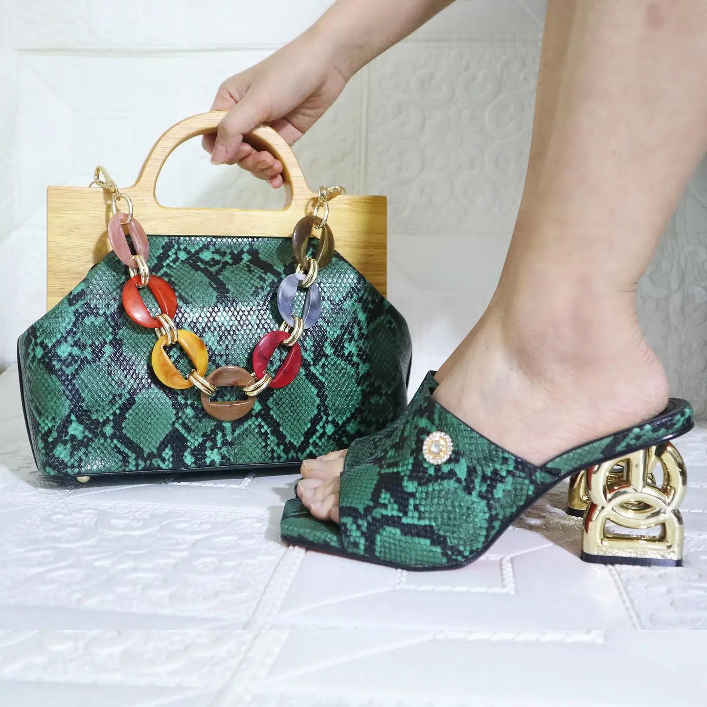 Doershow new come Matching Women Shoe and Bag Set Decorated green Nigerian Shoes and Bag Set Italy Shoes and Bag set 31-13