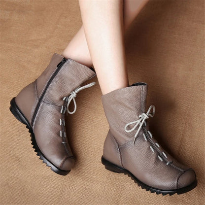 JIANBUDAN/ Genuine Leather Plush Women's Short Boots Retro Casual Autumn Winter Women's Boots Waterproof Leather Warm Snow Boots
