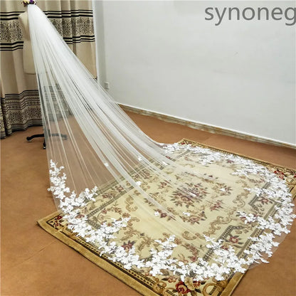 One Layer Cathedral Wedding Veil 3m/4m/5m White Lace Edge Bridal Veil with Comb Ivory Appliqued Real Photo 3m 4m 5m