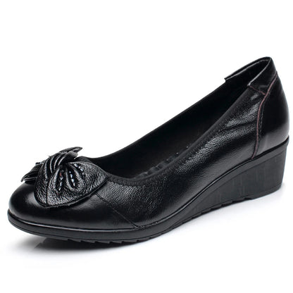 Women's Genuine Leather Pumps with Soft Butterfly Knot Wedge Low Heel Comfortable Round Toe Ladies Mother Loafers