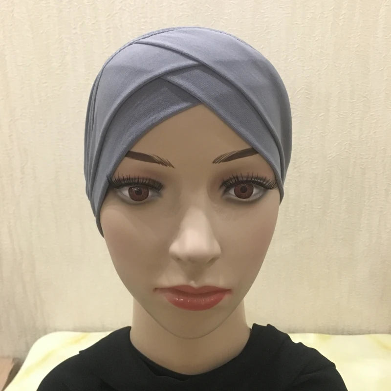H117 Forehead criss Cross Muslim Turban Pure Color Stretch Inner Hijabs For Caps Ready To Wear Women Head Scarf Under Bonnet