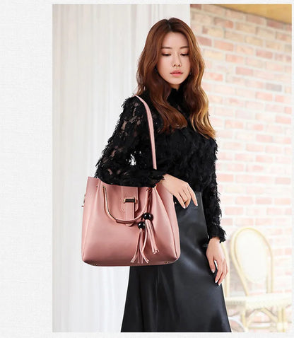 Fashion Women Bucket Handbag Large Capacity PU Leather Shoulder Bag Female  Wild 3 Pcs Set Retro Tote Tassel Messenger Bags 2026