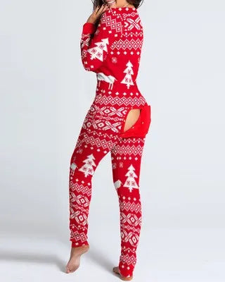 Sexy Pyjama Women's Jumpsuit Suit Button-down Front Back Butt Bum Open Ass Flap Jumpsuit Loungewear Christmas Print Buttoned NEW