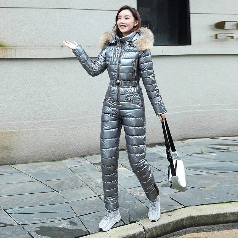 One Piece Ski Suit Women Jackets Winter Hooded Parka Jumpsuit Women Cotton Bodysuit Sashes Jumpsuits Zipper Overalls Tracksuits