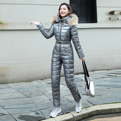 One Piece Ski Suit Women Jackets Winter Hooded Parka Jumpsuit Women Cotton Bodysuit Sashes Jumpsuits Zipper Overalls Tracksuits