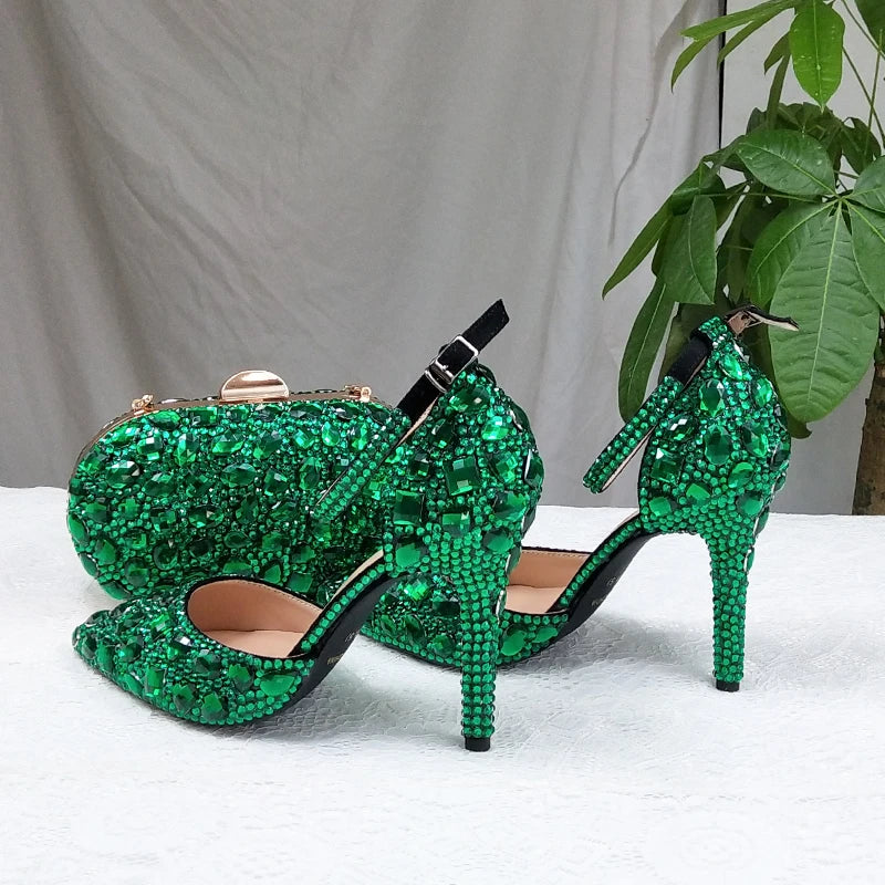 BaoYaFang 2022 NEW ARRIVE Green Crystal Wedding Shoes Woman Thin Heel Pointed Toe Bridal Party Dress Shoe Big Size High Pumps