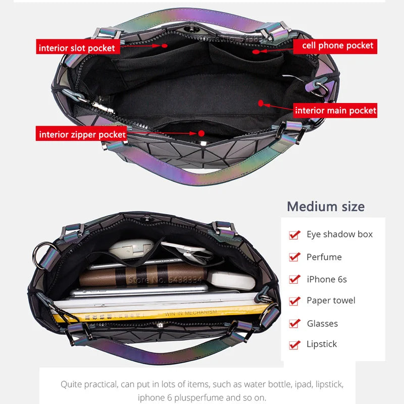Ladies Luminous Bag Geometric Bags for Women 2024 Quilted Shoulder Bags Laser Plain Folding Female Handbags Bolsa Feminina