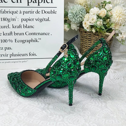 BaoYaFang 2022 NEW ARRIVE Green Crystal Wedding Shoes Woman Thin Heel Pointed Toe Bridal Party Dress Shoe Big Size High Pumps