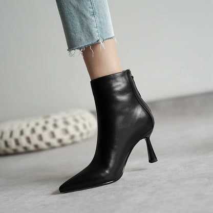 Krazing Pot Big Size 42 Cow Leather Pointed Toe High Heels Chic Design Concise Winter Spring Shoe Dress Warm Wedding Ankle Boots