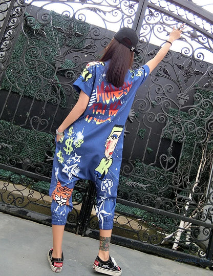 New Women Cartoon Graffiti Printing One Piece Overalls Mandarin Collar Short Sleeve Jumpsuit Hip Hop Design Rompers Baggy Pants