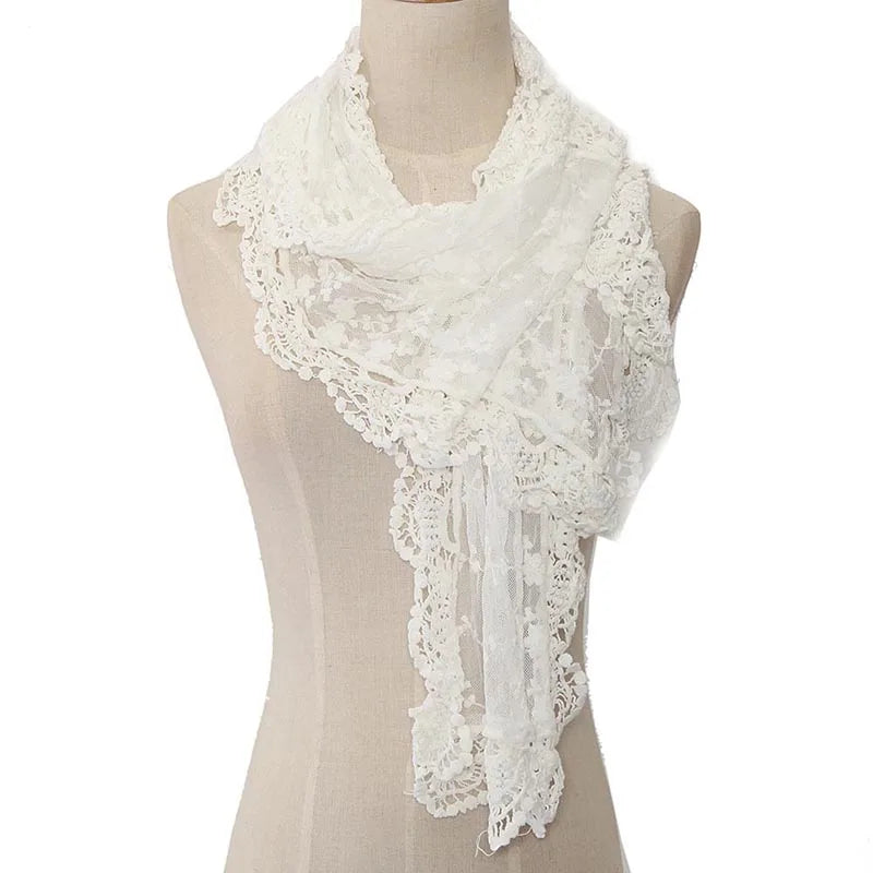 Korean Style New Women Lace Flower Scarf Autumn Lady White Black Solid Color Long Scarves Soft Shawl Foulard Female Wrap Shawls