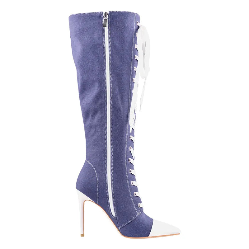 Onlymaker Women  Pointed-toe Lace Up Canvas Boots 10CM Thin High Heel Side Zipper Blue Long Boots Plus Size US5~US15
