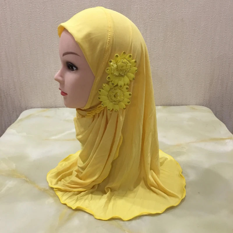 H081 beautiful small girl hijab with flowers cute hijab hats women's caps can fit 2-6 years old girls