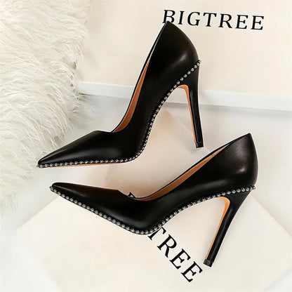 BIGTREE Sexy Rivets String Bead Women's Shoes Party Soft Leather Pointed Toe High Heels Pumps Spring Shallow Office Shoes Women
