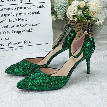 BaoYaFang 2022 NEW ARRIVE Green Crystal Wedding Shoes Woman Thin Heel Pointed Toe Bridal Party Dress Shoe Big Size High Pumps