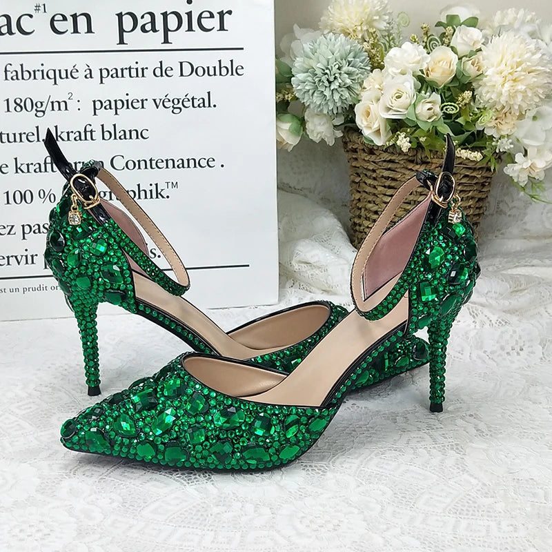 BaoYaFang 2022 NEW ARRIVE Green Crystal Wedding Shoes Woman Thin Heel Pointed Toe Bridal Party Dress Shoe Big Size High Pumps