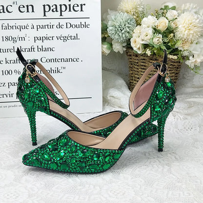 BaoYaFang 2022 NEW ARRIVE Green Crystal Wedding Shoes Woman Thin Heel Pointed Toe Bridal Party Dress Shoe Big Size High Pumps