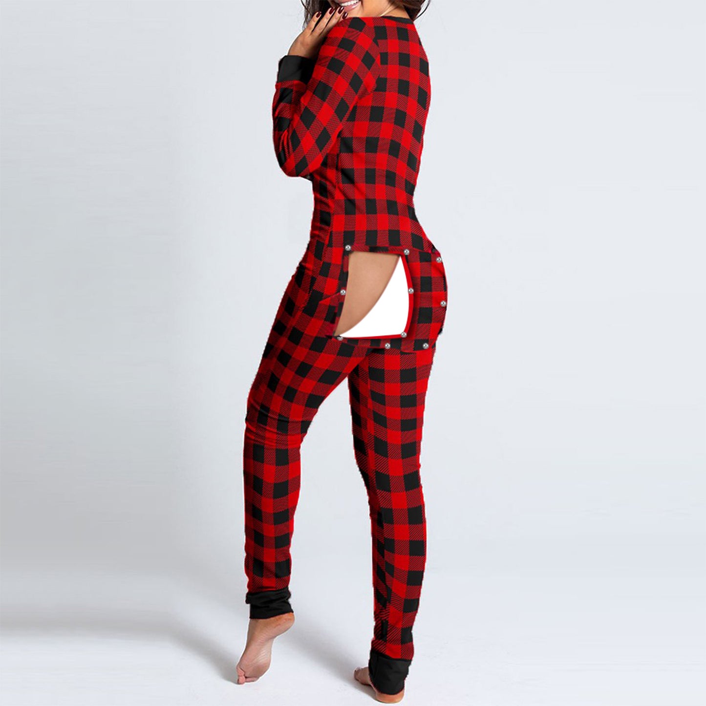 Sexy Women Pajamas Onesies Button-down Front Buttoned Flap Adults Pyjama Plaid Cow Print V-neck Long Sleeve Jumpsuit Sleepwear