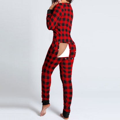 Sexy Women Pajamas Onesies Button-down Front Buttoned Flap Adults Pyjama Plaid Cow Print V-neck Long Sleeve Jumpsuit Sleepwear
