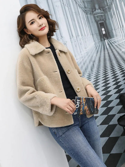 Real Fur Sheepskin Coat Women Winter  Genuine Wool Coats Female turndown Collar Winter Warm Sheep Shearing Jacket Outercoat