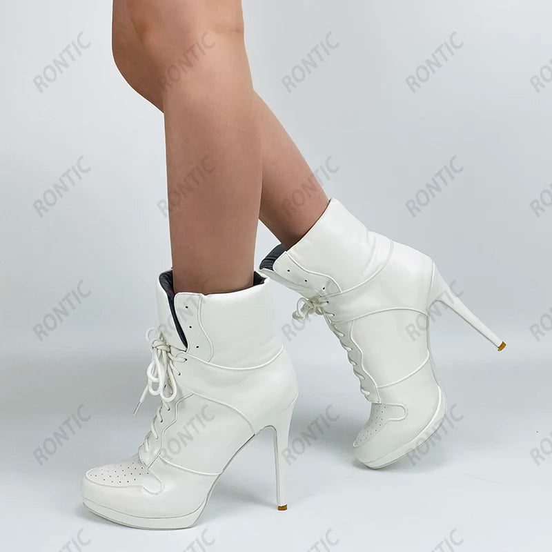 Rontic Handmade Women Winter Ankle Boots Unisex Lace Up Sexy Stiletto Heels Round Toe Pretty White Casual Shoes US Size 5-20