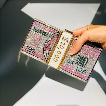 Luxury Money Clutch Rhinestone Purse 10000 Dollars Stack of Cash Evening Handbags Shoulder Wedding Dinner Bag 8 Color Wallet