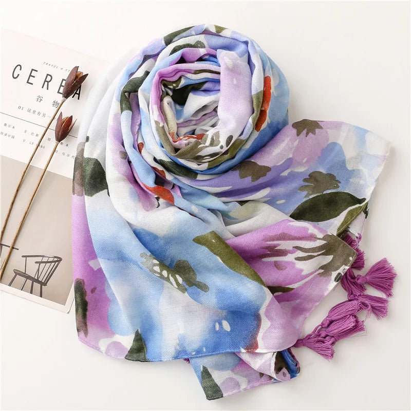 2026 Luxury Brand Ink Painting Floral Tassel Viscose Shawl Scarf Lady High Quality Pashmina Hijab and Wraps Foulard Muslim Sjaal