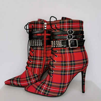 Red Plaid Cloth High Heel Ankle Boots Buckle Strap Studded Rivets Lace-up Short Bootie Pointed Toe Stiletto Heel Dress Shoes
