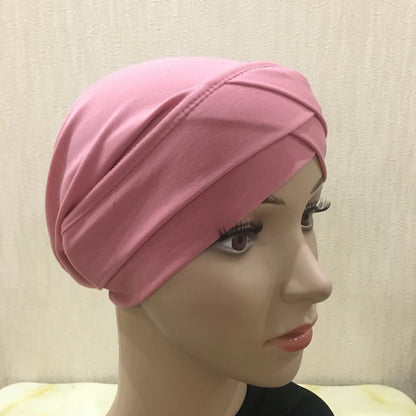 H117 Forehead criss Cross Muslim Turban Pure Color Stretch Inner Hijabs For Caps Ready To Wear Women Head Scarf Under Bonnet
