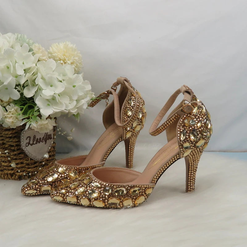 Customized Champagne Golden crystal women Wedding shoes Rhinestone high heels ankle strap shoes women party dress shoes