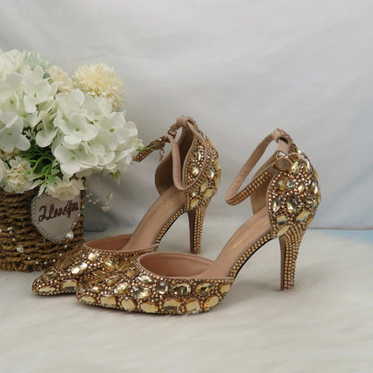 Customized Champagne Golden crystal women Wedding shoes Rhinestone high heels ankle strap shoes women party dress shoes