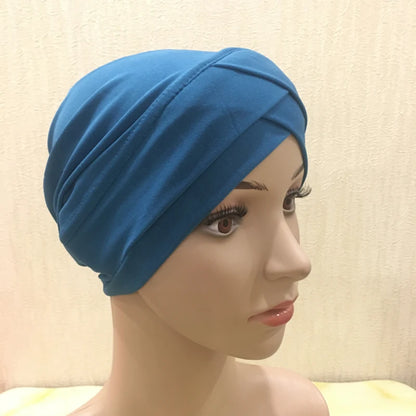 H117 Forehead criss Cross Muslim Turban Pure Color Stretch Inner Hijabs For Caps Ready To Wear Women Head Scarf Under Bonnet