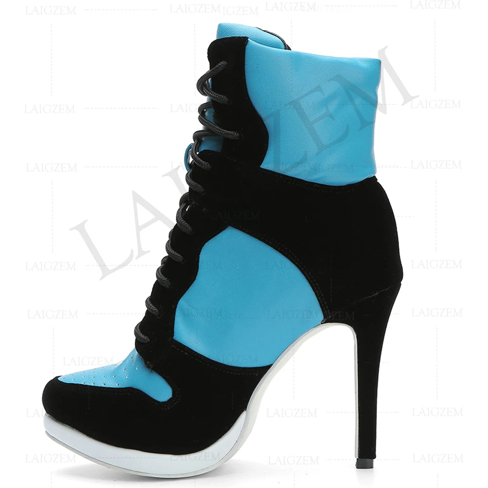 LAIGZEM SUPER Cool Women Ankle Boots Adjustable Lace Up Heel Boots Ladies Shoes Woman Botines Mujer 2020Small Big Size 34-47