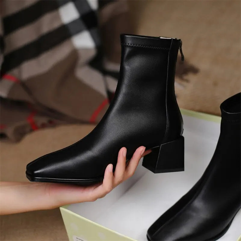 Meotina Ankle Boots Women Genuine Leather High Heel Shoes Thick Heel Short Boots Zip Square Toe Ladies Boots Autumn Winter Beige