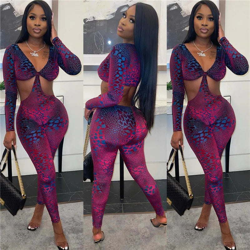 Sexy Hollow Out Rompers Womens Jumpsuit Long Sleeve Snakeskin Printed Club Wear Skinny Slim Party Jumpsuits Bodycon Overalls