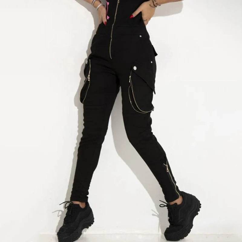 Oshoplive Female Summer Short Sleeves Zipper Jumpsuits For Women 2024 New Fashion Letter Printed Casual High Street Jump Suits