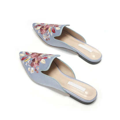 Silk Embroidery Mules Shoes Woman Brand Luxury Slippers Flats Pointed Toe Slides Floral Home Slippers Cozy Slip On Flip Flops
