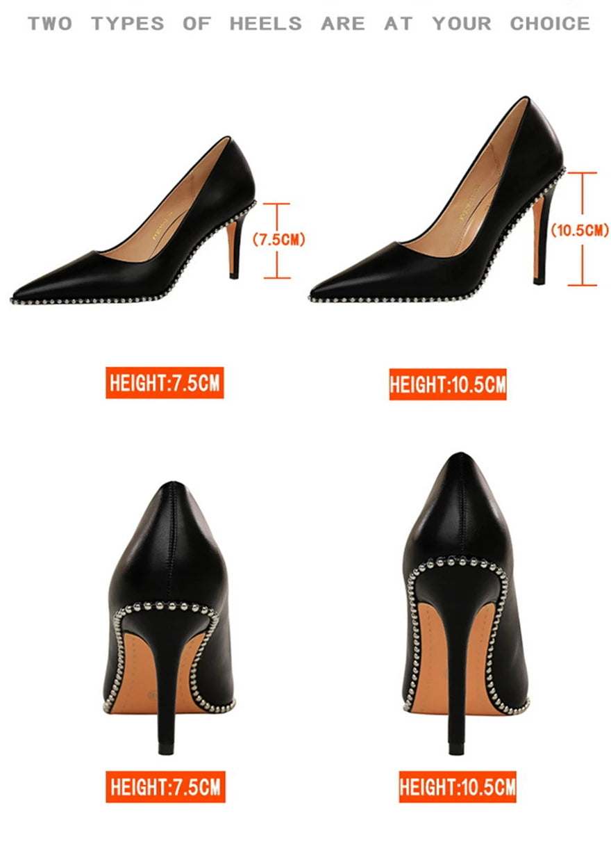 BIGTREE Sexy Rivets String Bead Women's Shoes Party Soft Leather Pointed Toe High Heels Pumps Spring Shallow Office Shoes Women