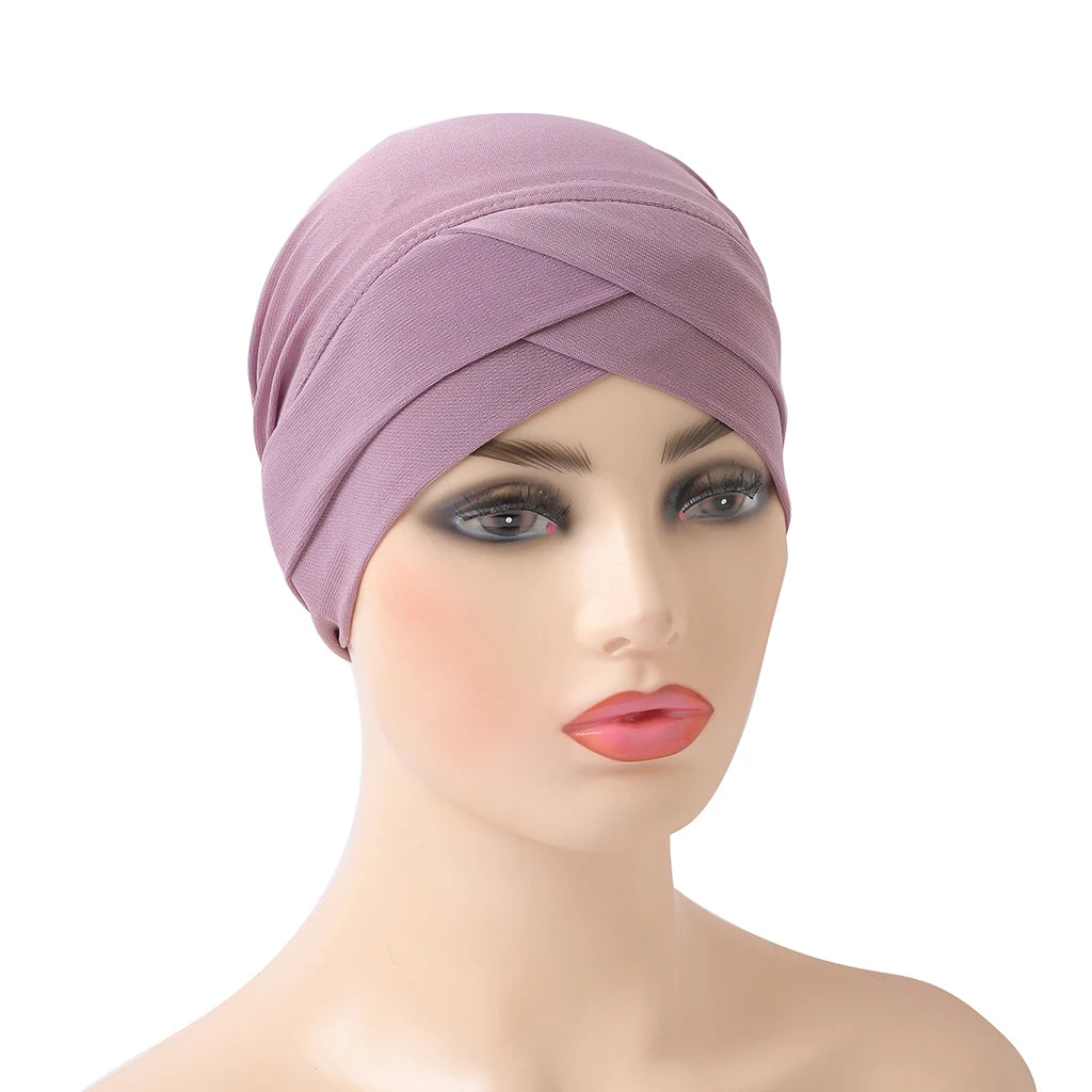 H117 Forehead criss Cross Muslim Turban Pure Color Stretch Inner Hijabs For Caps Ready To Wear Women Head Scarf Under Bonnet