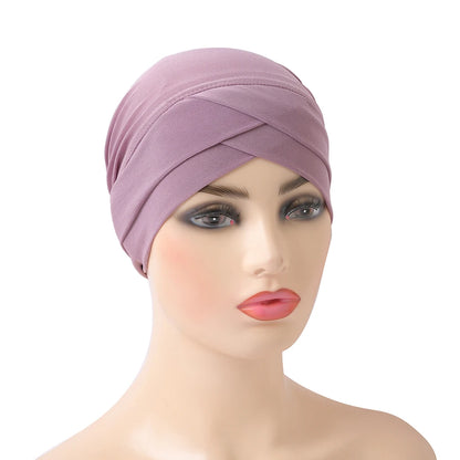 H117 Forehead criss Cross Muslim Turban Pure Color Stretch Inner Hijabs For Caps Ready To Wear Women Head Scarf Under Bonnet