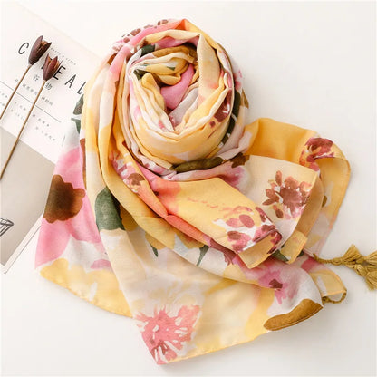2026 Luxury Brand Ink Painting Floral Tassel Viscose Shawl Scarf Lady High Quality Pashmina Hijab and Wraps Foulard Muslim Sjaal